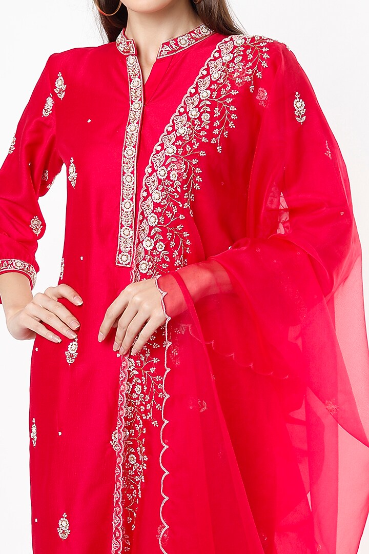 Cherry Red Embroidered Kurta Set by Euphoria at Pernia's Pop Up Shop
