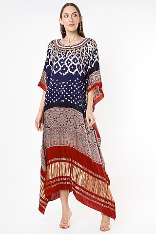 Dark Navy Blue & Blood Red Embroidered Kaftan by Euphoria