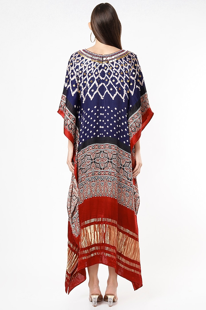 Dark Navy Blue & Blood Red Embroidered Kaftan by Euphoria at Pernia's Pop Up Shop