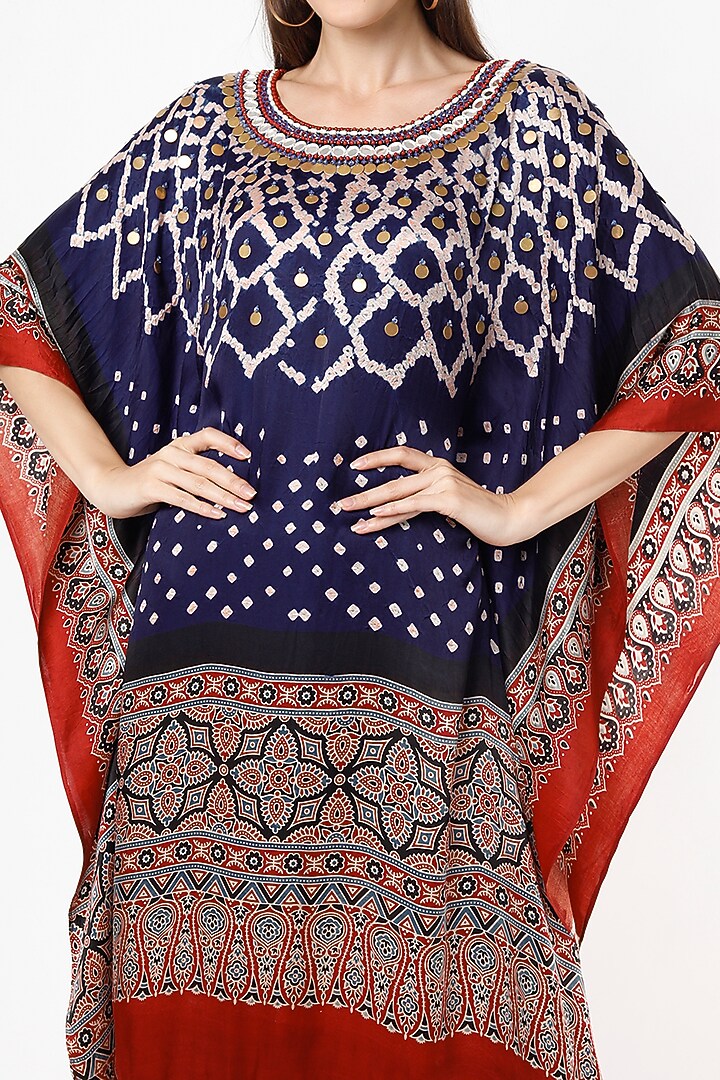 Dark Navy Blue & Blood Red Embroidered Kaftan by Euphoria at Pernia's Pop Up Shop