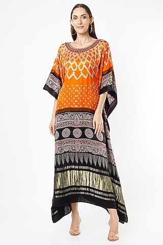 Citrus Yellow & Black Embroidered Kaftan by Euphoria