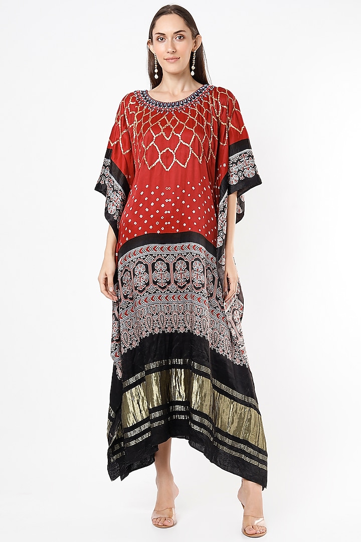 Blood-Red & Black Embroidered Kaftan by Euphoria