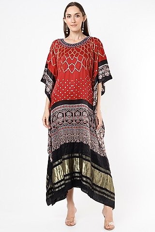 Blood-Red & Black Embroidered Kaftan by Euphoria