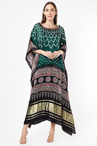 Emerald Green & Black Embroidered Kaftan by Euphoria