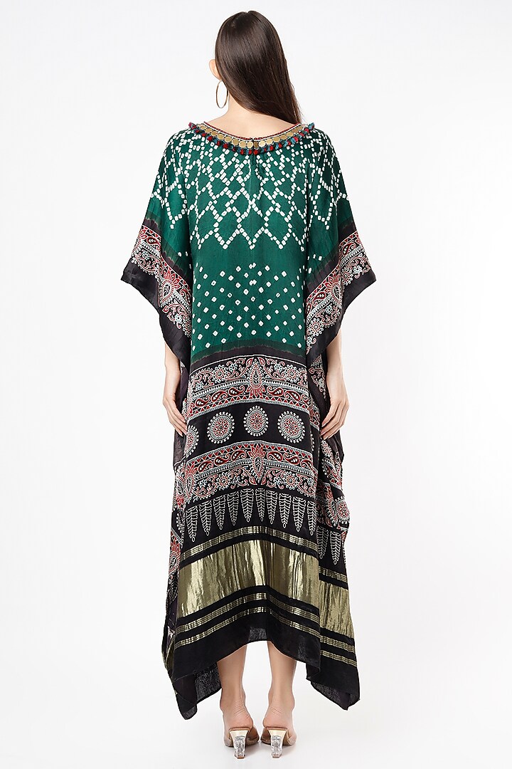 Emerald Green & Black Embroidered Kaftan by Euphoria at Pernia's Pop Up Shop