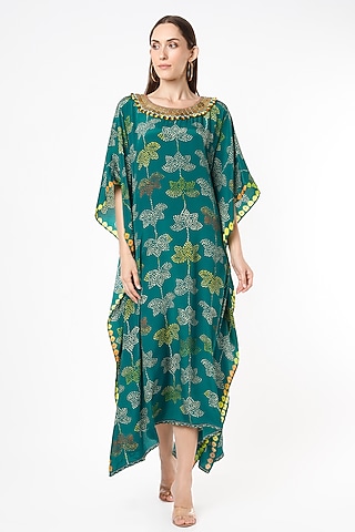Emerald Green Embroidered & Digital Printed Kaftan by Euphoria