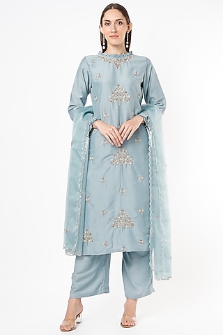 Steel Blue Embroidered Kurta Set by Euphoria