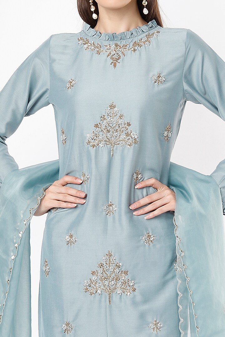 Steel Blue Embroidered Kurta Set by Euphoria at Pernia's Pop Up Shop