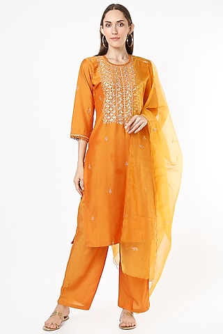 Saffron Yellow Embroidered Kurta Set by Euphoria
