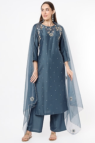 Teal Blue Embroidered Kurta Set by Euphoria