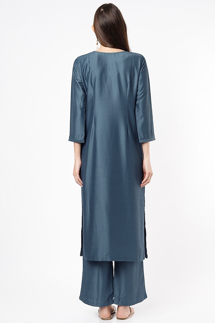 Teal Blue Embroidered Kurta Set by Euphoria at Pernia's Pop Up Shop