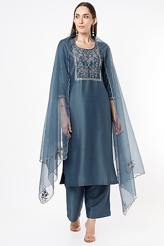 Teal Blue Sequins Embroidered Kurta Set by Euphoria