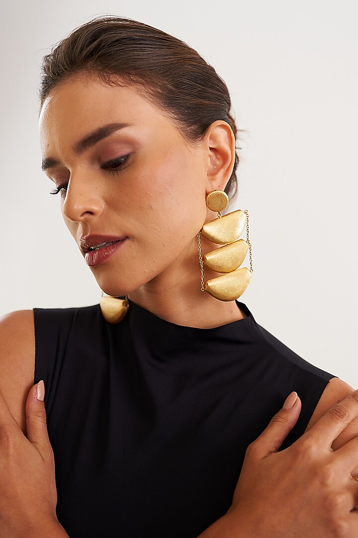 Gold Plated Diya Contemporary Dangler Earrings by Eurumme Jewellery at Pernia's Pop Up Shop