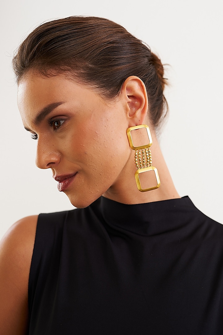 Gold Plated Square Contemporary Dangler Earrings by Eurumme Jewellery