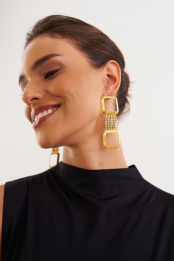 Gold Plated Square Contemporary Dangler Earrings by Eurumme Jewellery at Pernia's Pop Up Shop