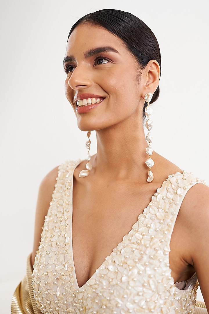 White Finish Pearl Statement Dangler Earrings by Eurumme Jewellery at Pernia's Pop Up Shop