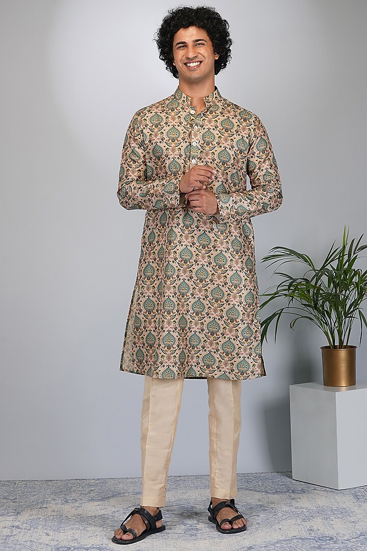 Beige Silk Printed Kurta Set by Eleven Brothers