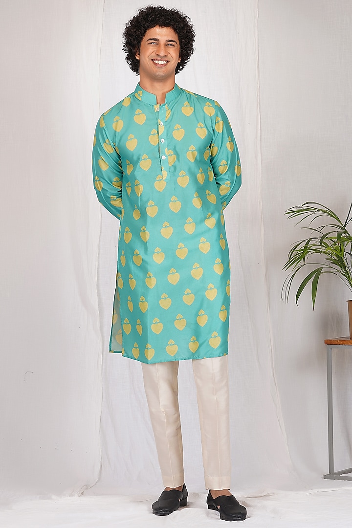 Mint Silk Printed Kurta Set by Eleven Brothers