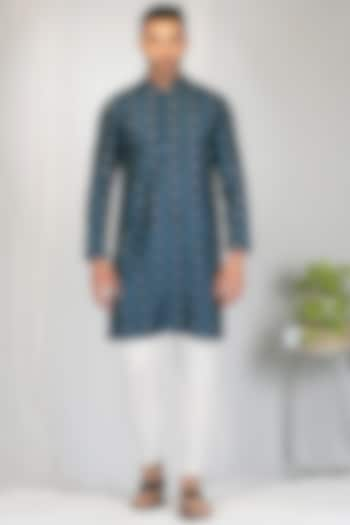 Dark Blue Silk Printed Kurta Set by Eleven Brothers