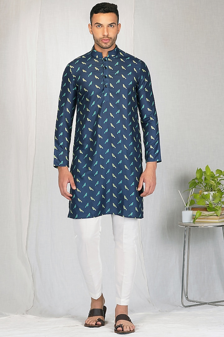 Dark Blue Silk Printed Kurta Set by Eleven Brothers