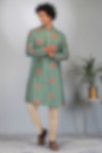 Green Silk Printed Kurta Set by Eleven Brothers