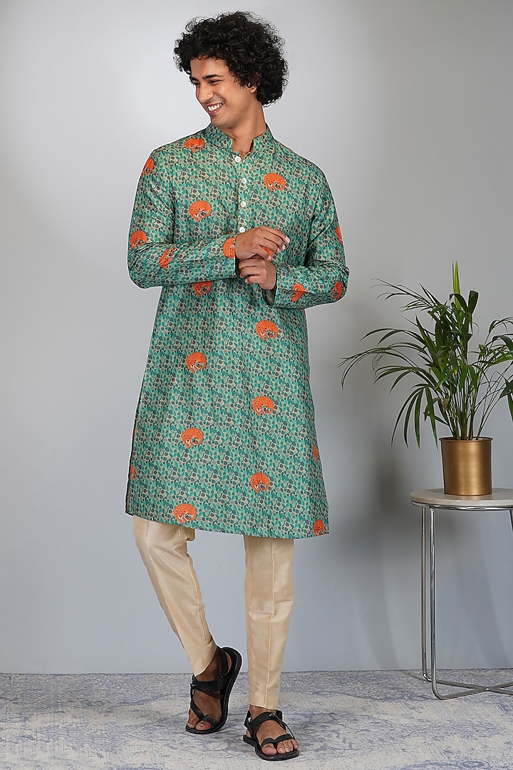 Green Silk Printed Kurta Set by Eleven Brothers