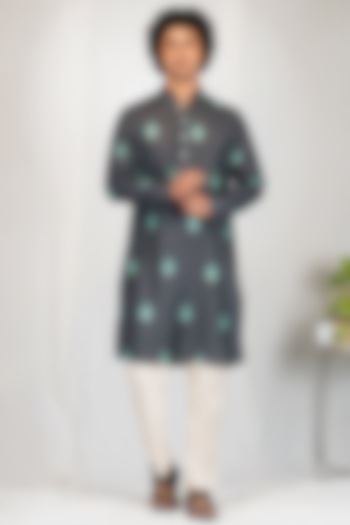 Black Silk Printed Kurta Set by Eleven Brothers