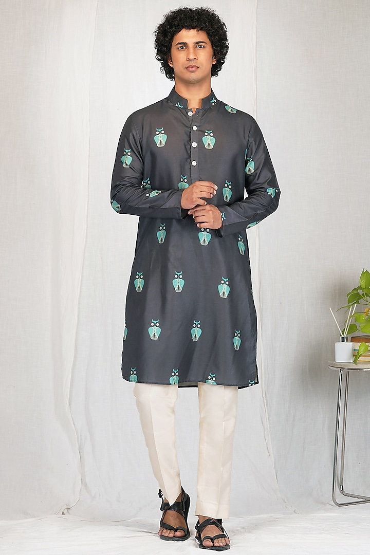 Black Silk Printed Kurta Set by Eleven Brothers