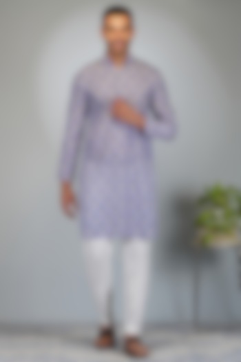 Purple Silk Printed Kurta Set by Eleven Brothers