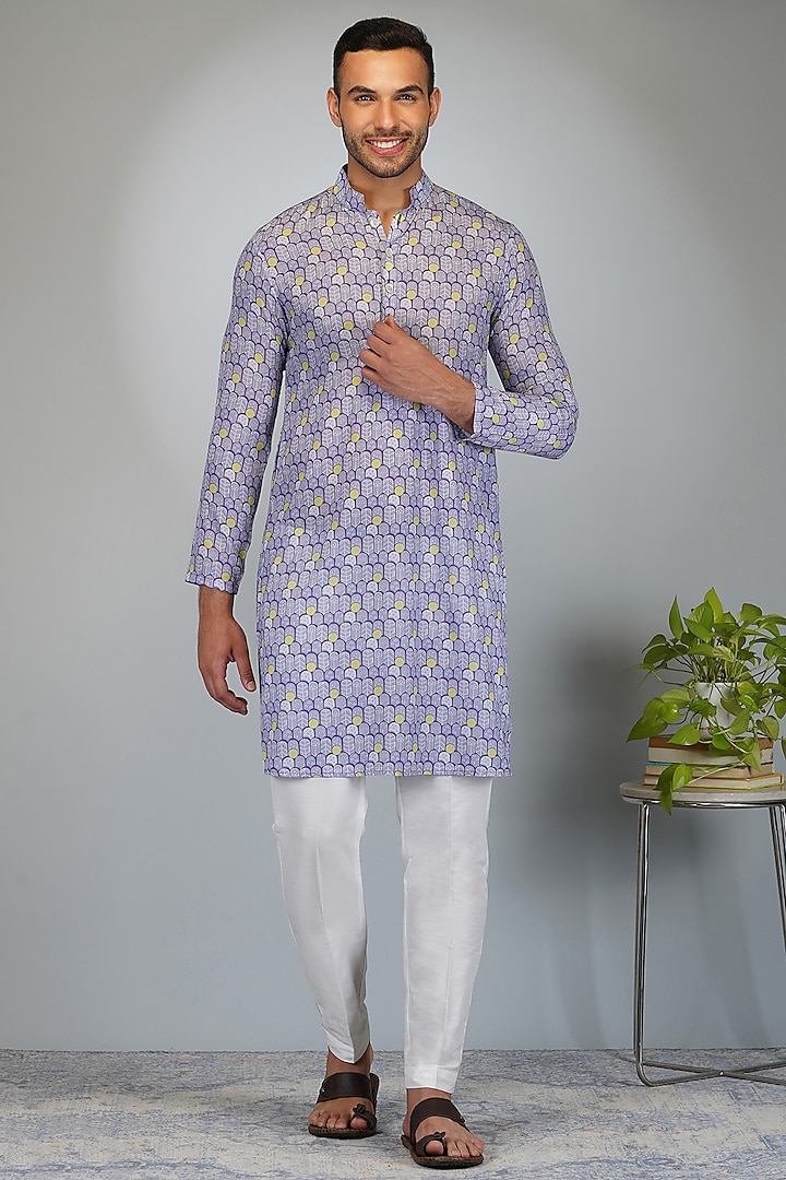 Purple Silk Printed Kurta Set by Eleven Brothers