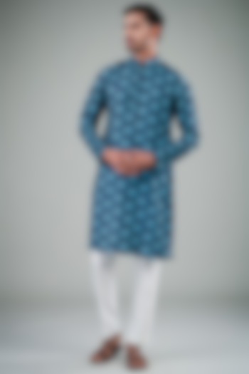 Midnight Blue & White Printed Kurta Set by Eleven Brothers