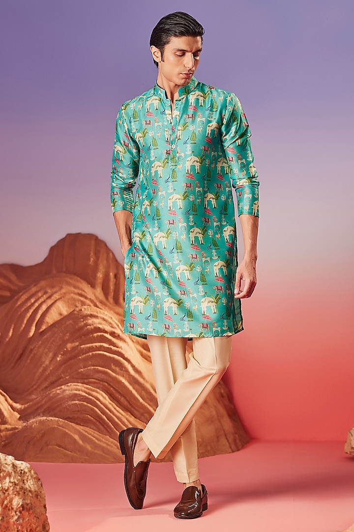 Green Chiku Silk Printed Handcrafted Kurta by Eleven Brothers