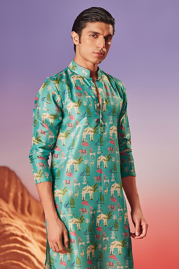 Green Chiku Silk Printed Handcrafted Kurta by Eleven Brothers at Pernia's Pop Up Shop