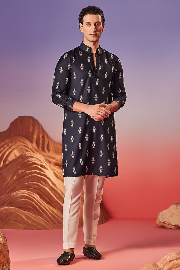 Black Chiku Silk Printed Handcrafted Kurta by Eleven Brothers