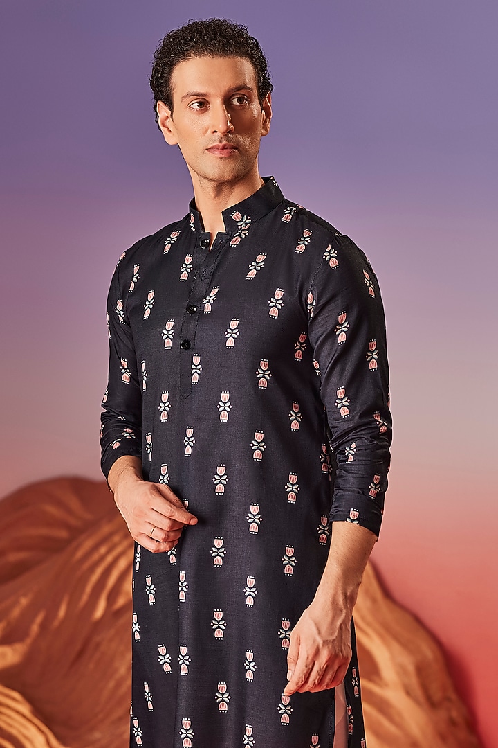 Black Chiku Silk Printed Handcrafted Kurta by Eleven Brothers at Pernia's Pop Up Shop