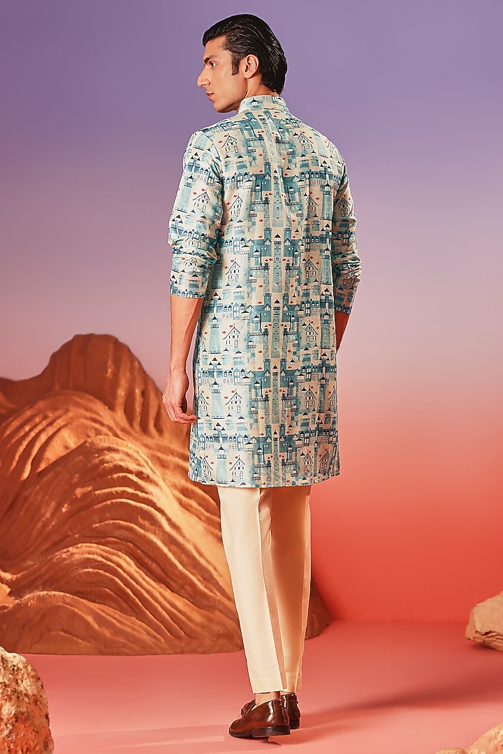 Blue Chiku Silk Printed Handcrafted Kurta by Eleven Brothers at Pernia's Pop Up Shop