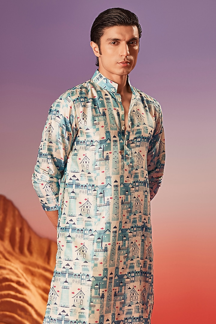Blue Chiku Silk Printed Handcrafted Kurta by Eleven Brothers at Pernia's Pop Up Shop