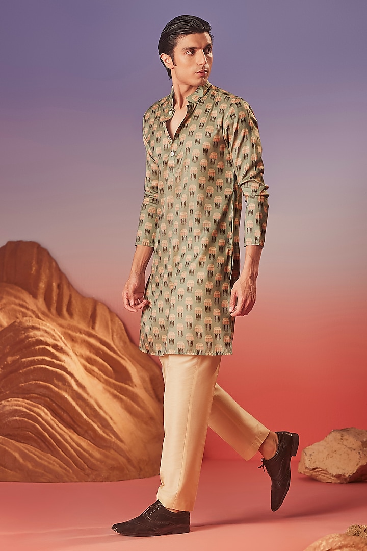 Green Chiku Silk Printed Handcrafted Kurta by Eleven Brothers