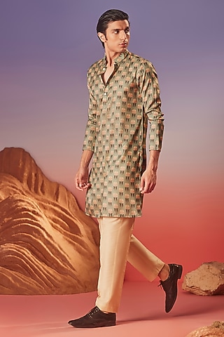 Green Chiku Silk Printed Handcrafted Kurta by Eleven Brothers