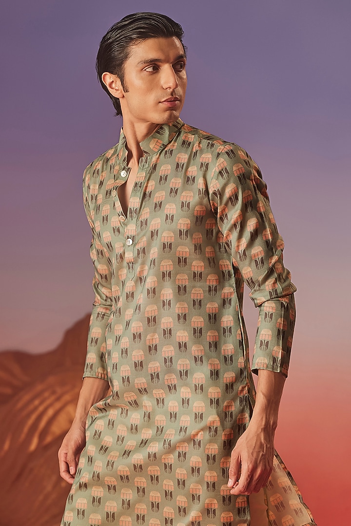 Green Chiku Silk Printed Handcrafted Kurta by Eleven Brothers at Pernia's Pop Up Shop