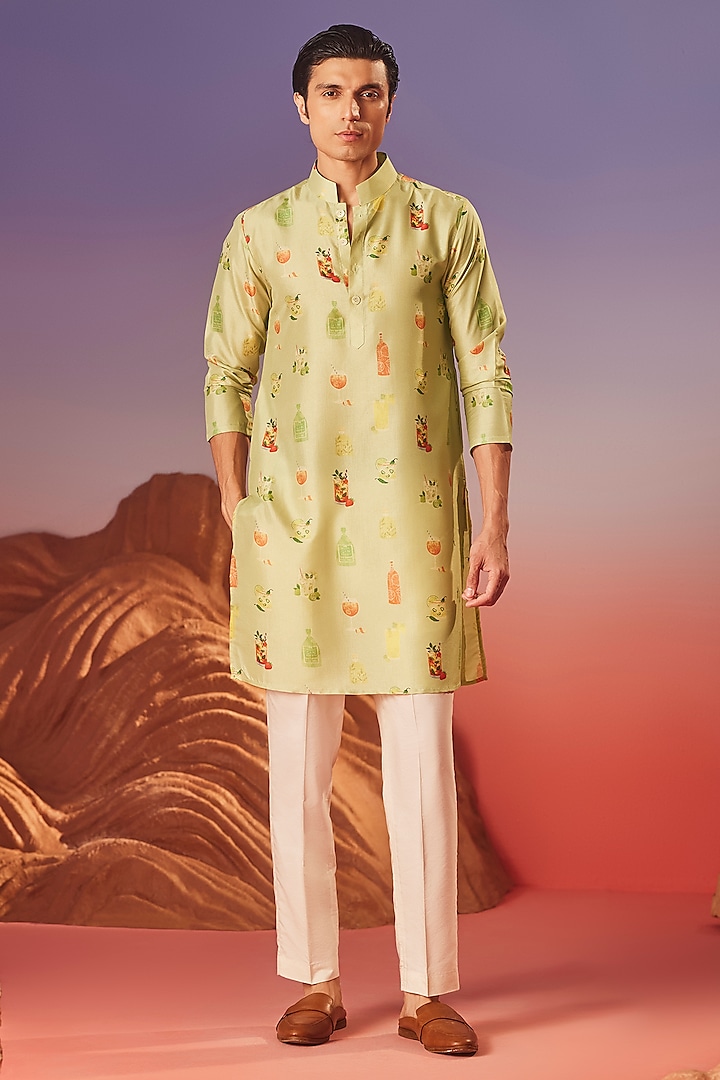 Green Chiku Silk Printed Handcrafted Kurta by Eleven Brothers