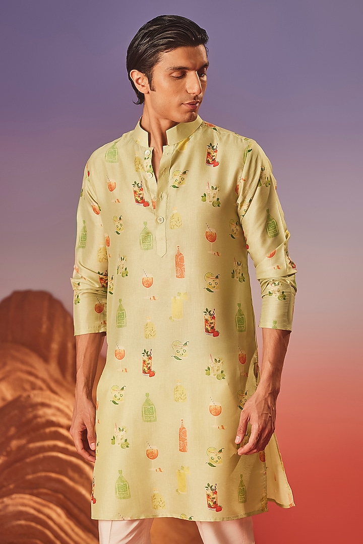 Green Chiku Silk Printed Handcrafted Kurta by Eleven Brothers at Pernia's Pop Up Shop