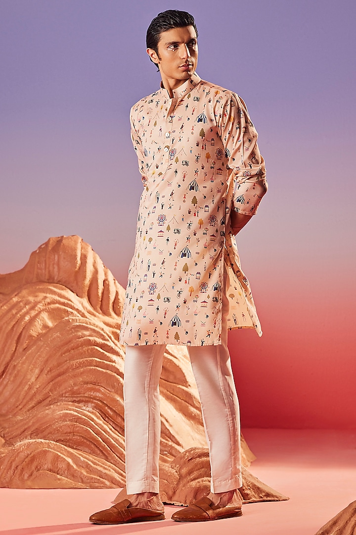 Pink Chiku Silk Printed Handcrafted Kurta by Eleven Brothers