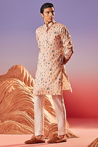 Pink Chiku Silk Printed Handcrafted Kurta by Eleven Brothers