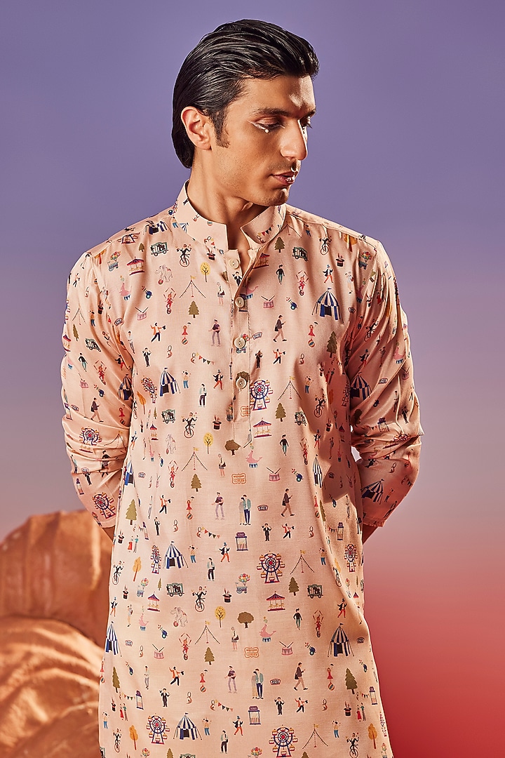 Pink Chiku Silk Printed Handcrafted Kurta by Eleven Brothers at Pernia's Pop Up Shop