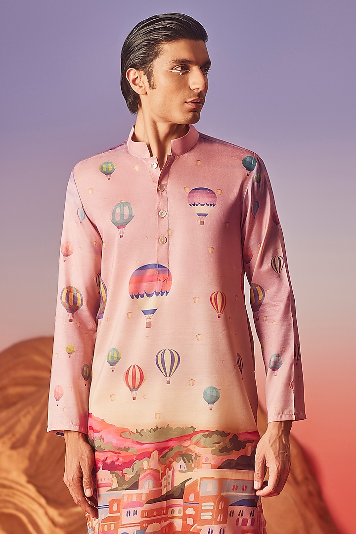 Pink Chiku Silk Printed Handcrafted Kurta by Eleven Brothers at Pernia's Pop Up Shop