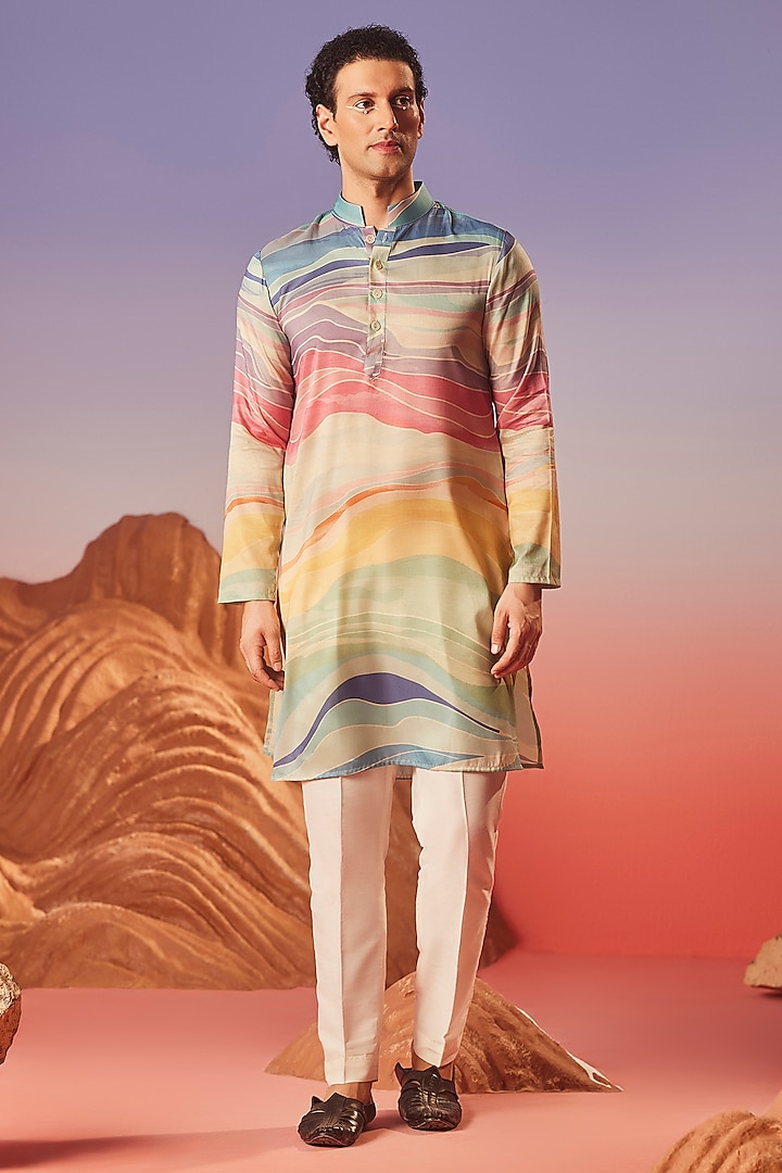 Multi-Colored Chiku Silk Printed Handcrafted Kurta by Eleven Brothers