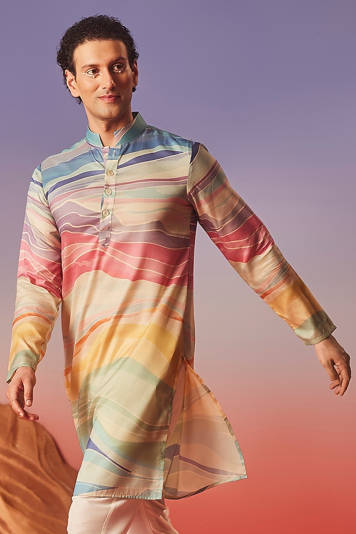 Multi-Colored Chiku Silk Printed Handcrafted Kurta by Eleven Brothers at Pernia's Pop Up Shop