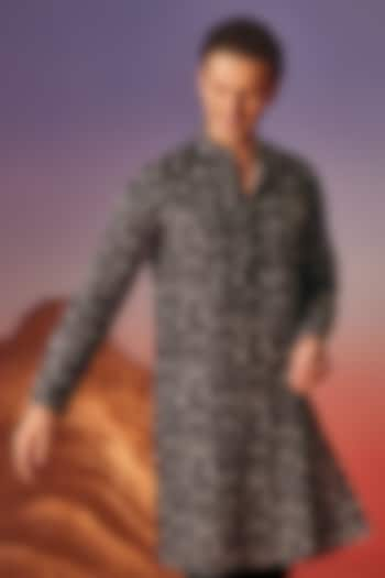 Black Chiku Silk Printed Handcrafted Kurta by Eleven Brothers