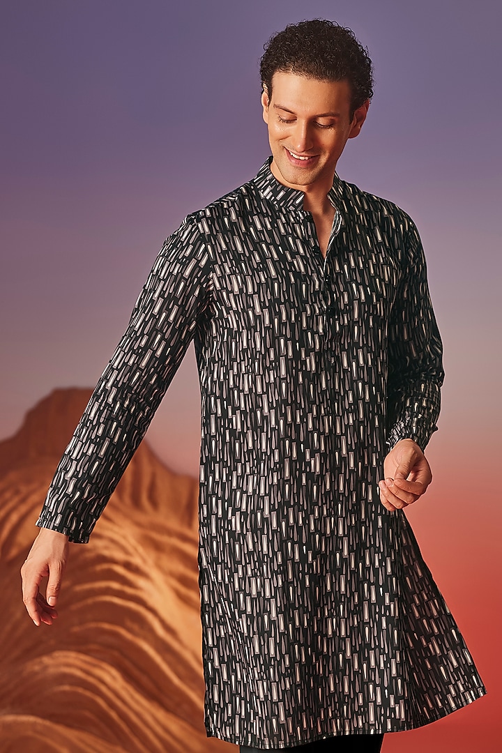 Black Chiku Silk Printed Handcrafted Kurta by Eleven Brothers